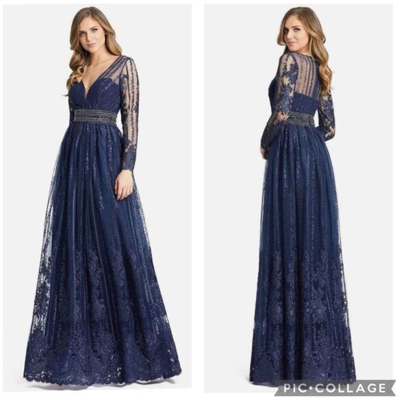 Mac Duggal 66591 Embroidered Beaded Waist Gown Navy Blue size 12 - Picture 1 of 9